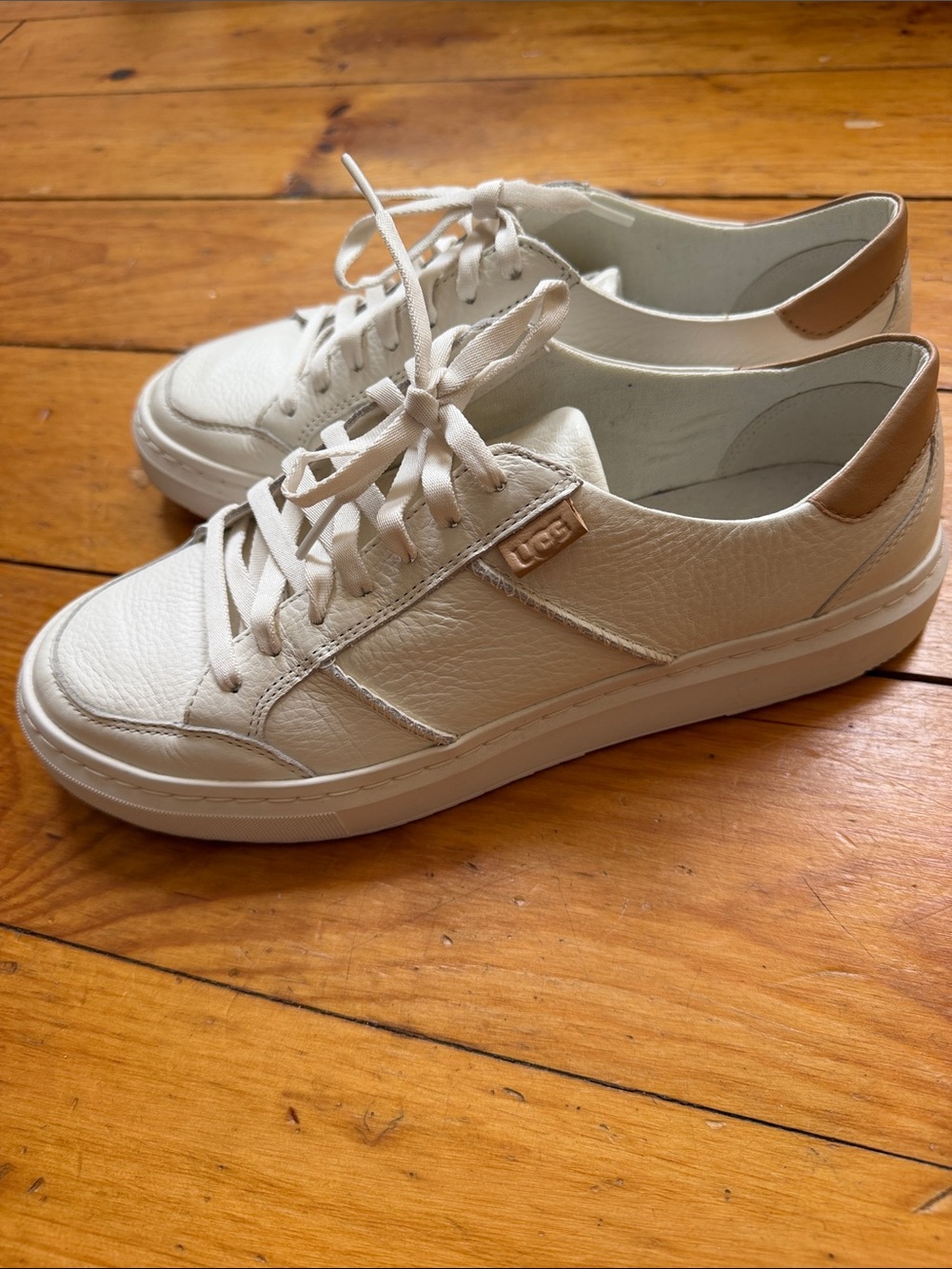 UGG Women’s Cream Leather Lace-Up Sneakers with Tan Leather Heel Accent